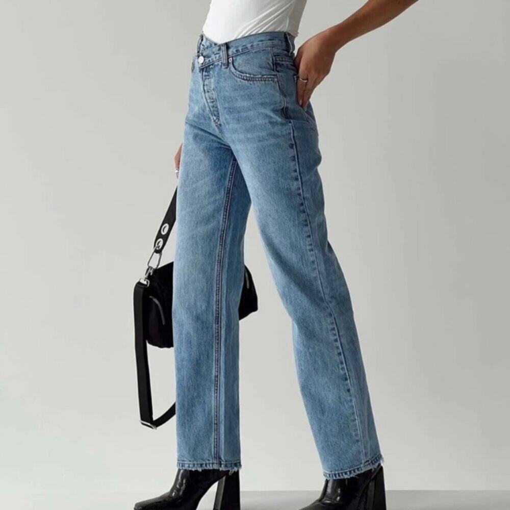 Princess Polly Sz 8 Cross Waist Jeans in Med Blue High Waist Straight Leg Cotton
